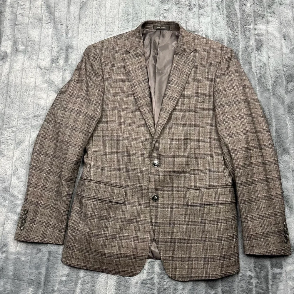 Calvin Klein Mens 42R Brown Plaid 100% Wool Natural Stretch Blazer Sport Coat